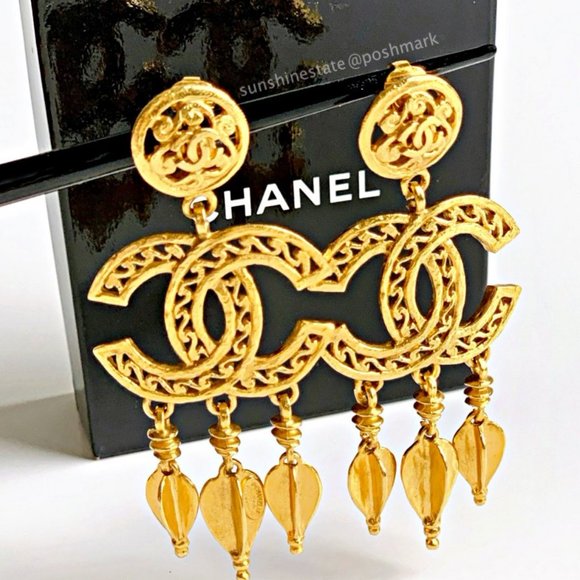 CHANEL Jewelry - Chanel Extra Large Gold CC Clip On Drop Earrings